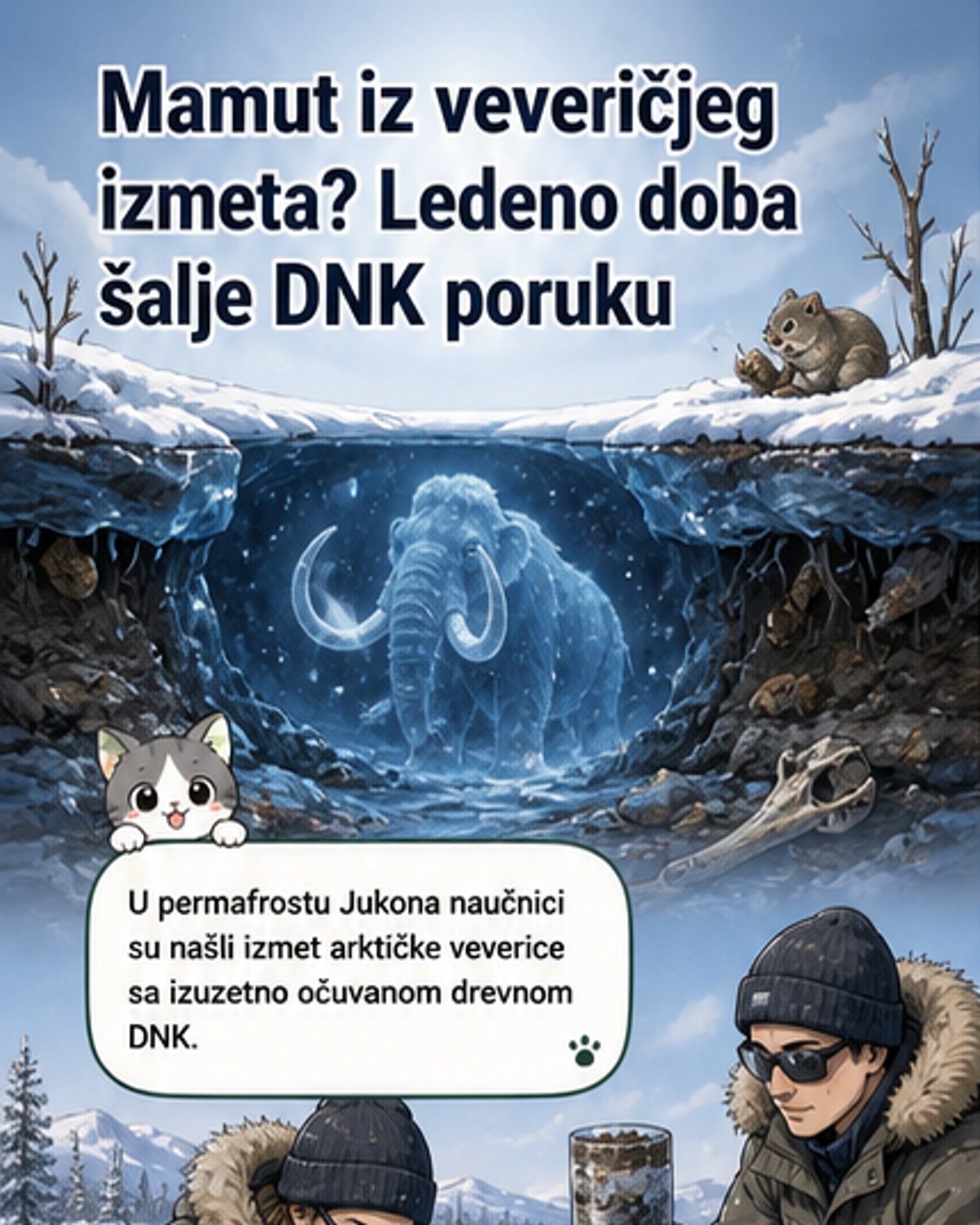Илустрација арктичке веверице у снегу, са микроскопским приказом ДНК и сенкама мамута у позадини