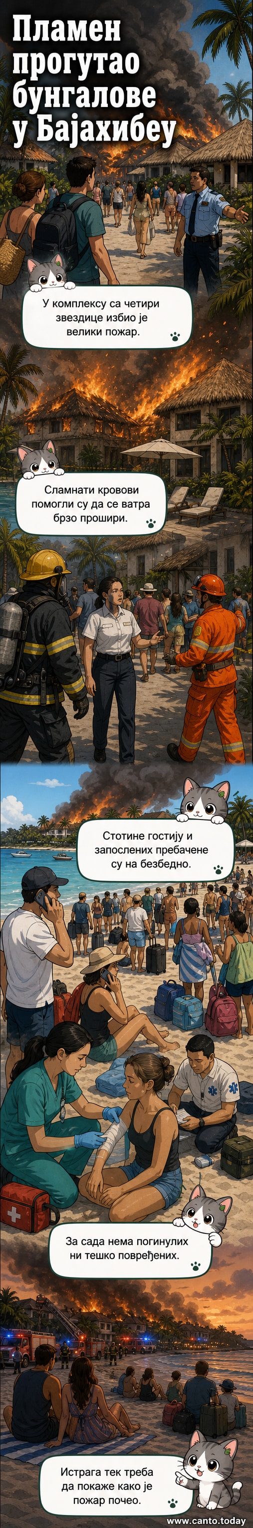 Панорамски поглед на туристички комплекс у Доминиканској Републици где су бунгалови са сламнатим крововима обухваћени густим црним димом од пожара.
