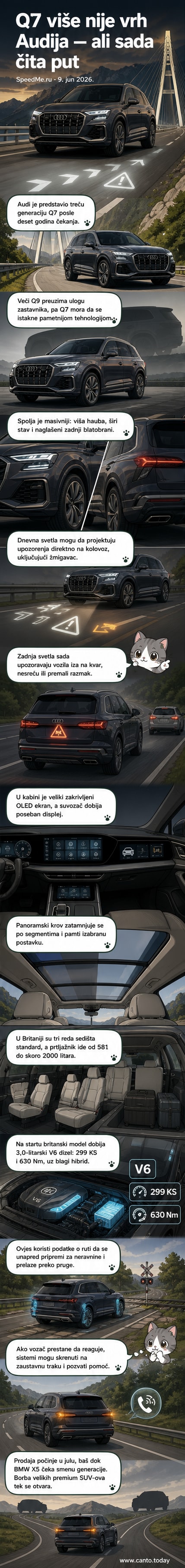 Pogled sa strane na novi Audi Q7 treće generacije, parkiran na asfaltu uz borovu šumu, sa izduženim svjetlima i karakterističnom maskom.