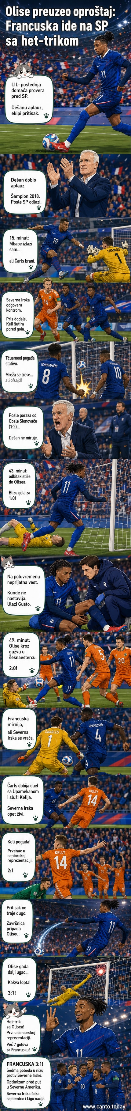 Fudbaler Majkl Olise slavi treći gol protiv Severne Irske, podijum sa trkačkom trakom i tribinama ispunjenim navijačima u pozadini.