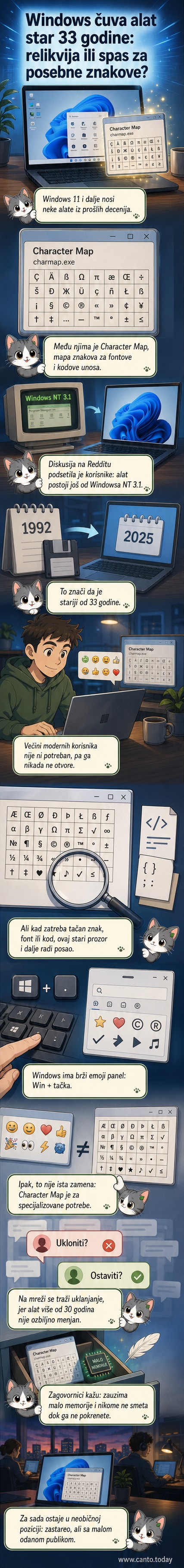 Ilustracija stare Windows ikone Character Map pored savremenog interfejsa Windows 11, sa naslovom '33 godine kasnije'.