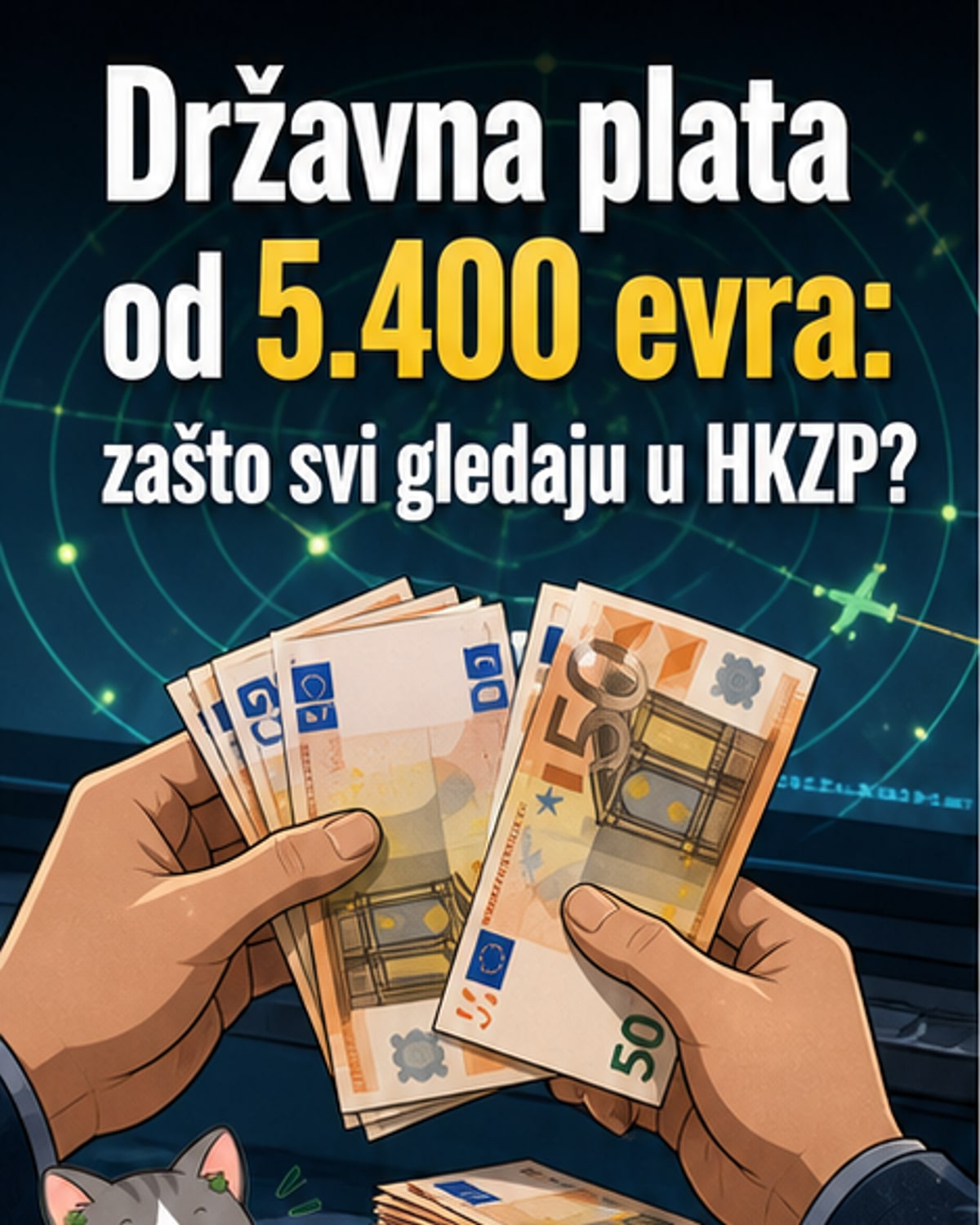 Илустрација контролора ваздушног саобраћаја у турниру са таблом где је истакнут ниво од 5.400 евра нето