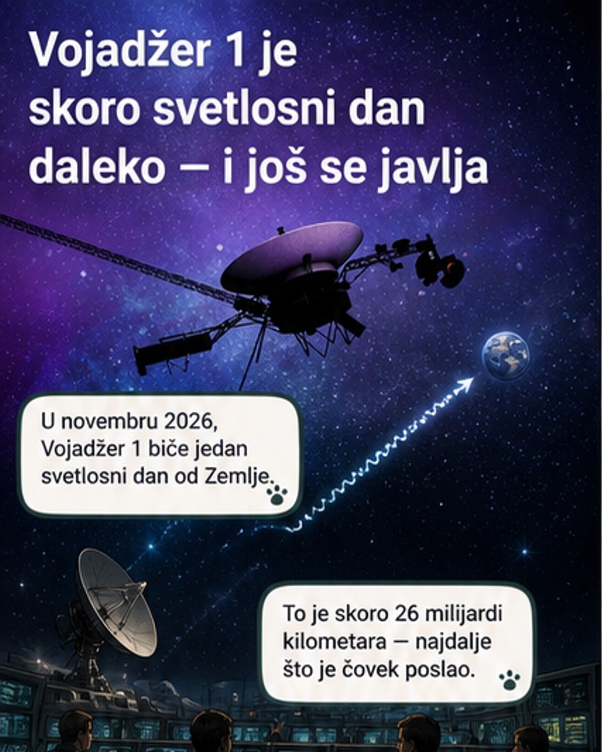 Илустрација сонде Војаджер у мрачном свемиру, са малим плавим светлом које представља Земљу у даљини.