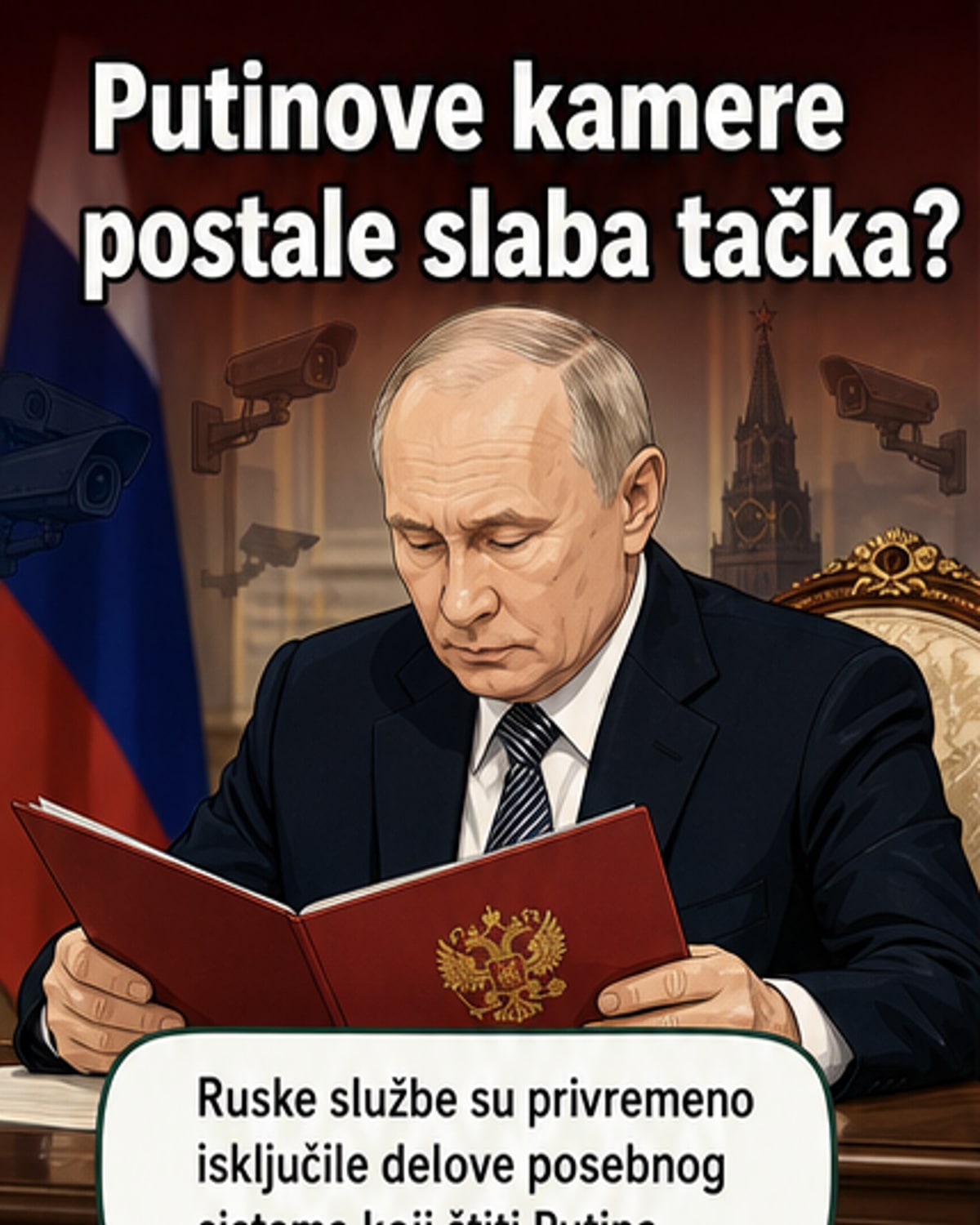 Илустрација Кремља са камерицама које трепере, док се из њих испредују стрелице које показују хаковање и приступ непријатељима.