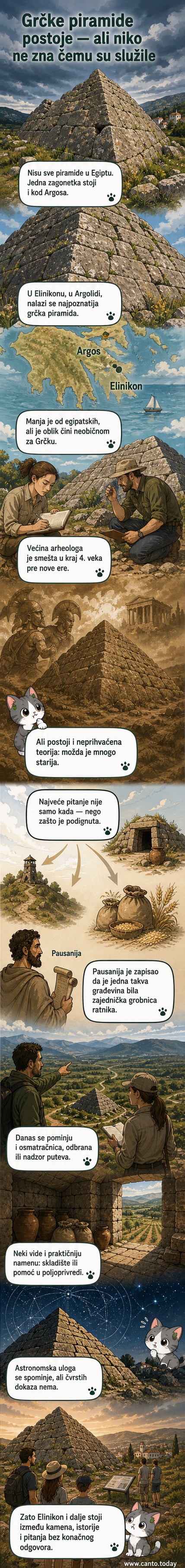 Илустрација античке камене пирамиде у Грчкој, окружене травом и рушевинама, са косим зидовима и погледом на хумке Пелопонеза.