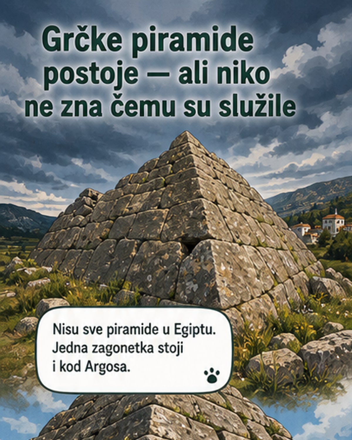 Илустрација античке камене пирамиде у Грчкој, окружене травом и рушевинама, са косим зидовима и погледом на хумке Пелопонеза.