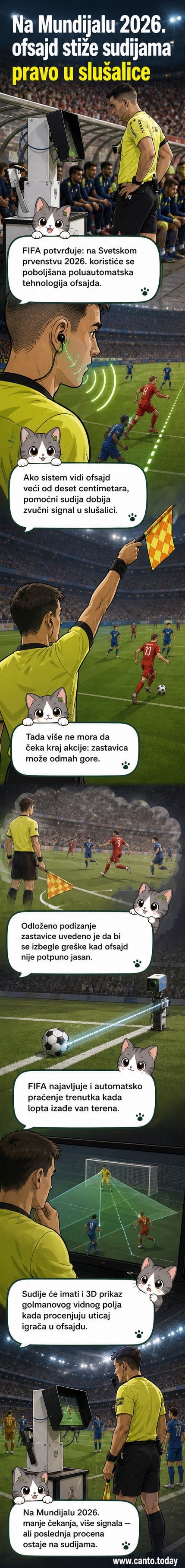 Fudbalski sudija sa zastavicom u ruci, dok mu u uhu sveti slušalice povezane sa VAR sistemom, na pozadini stadiona punog navijača.