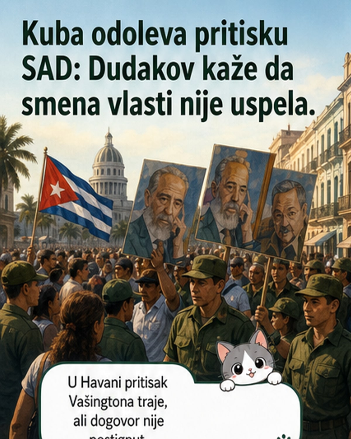 Илустровани панел са симболичном сликом Кубе која одолева таласима притиска из САД, са иконама флага, економских санкција и политичких протеста у позадини.