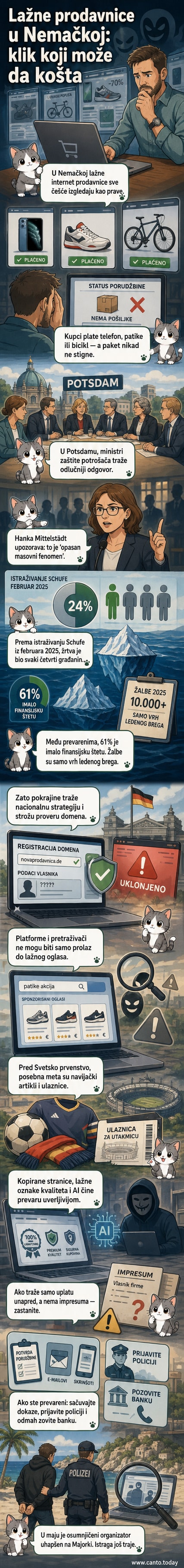 Илустрација лажне интернет продавнице са упадљивим дугметом 'Купи сада', док се у позадини виде сенке превараната који користе вештачку интелигенцију.