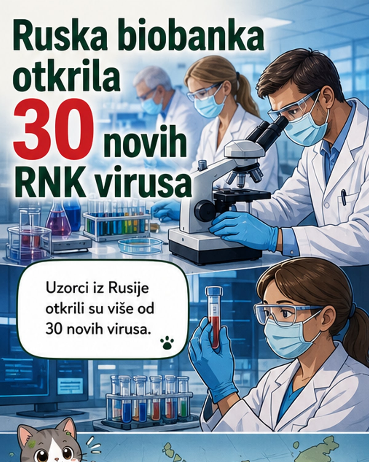Илустрација микроскопског погледа на вирусе изоловане из крпеља и комараца, са мапом Русије у позадини.