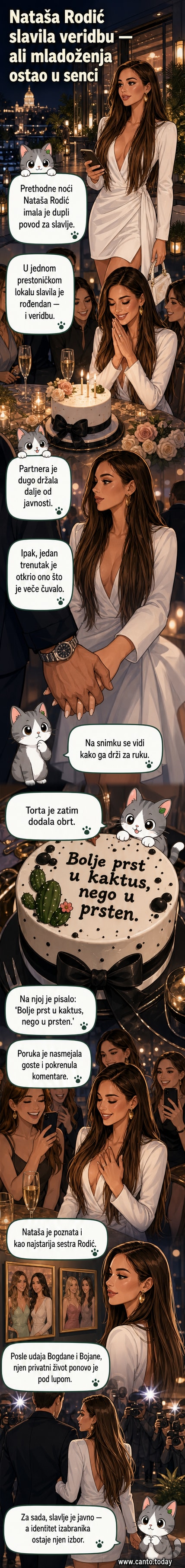Наташа Родић у белој мини халјини са дубоким деколтеом, уз торту са поруком „Боље да си прст у кактус ставио, него у тај прстен“.