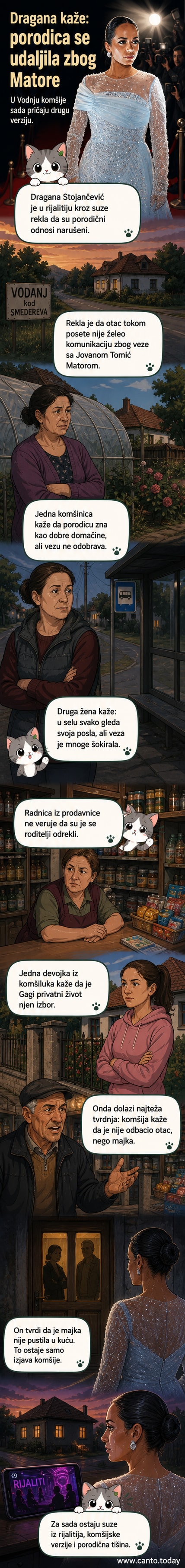 Илустрација породичног раскола — жена у сузама гледа ка кући у селу, док је једна фигура окренута леђима.