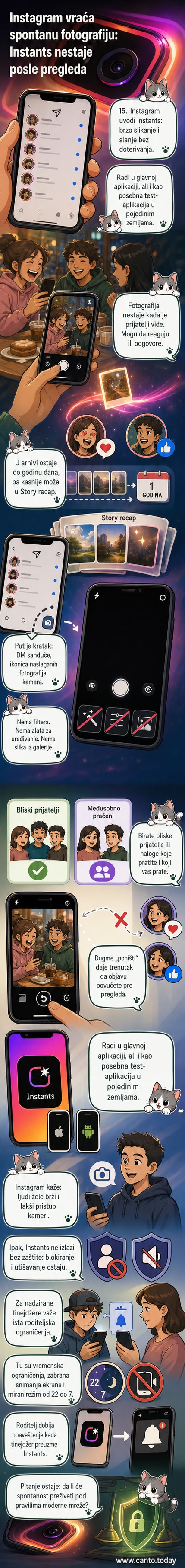 Ilustracija telefona sa otvorenom aplikacijom Instants, gde se fotografija polako rasplinjava dok prijatelj gleda.