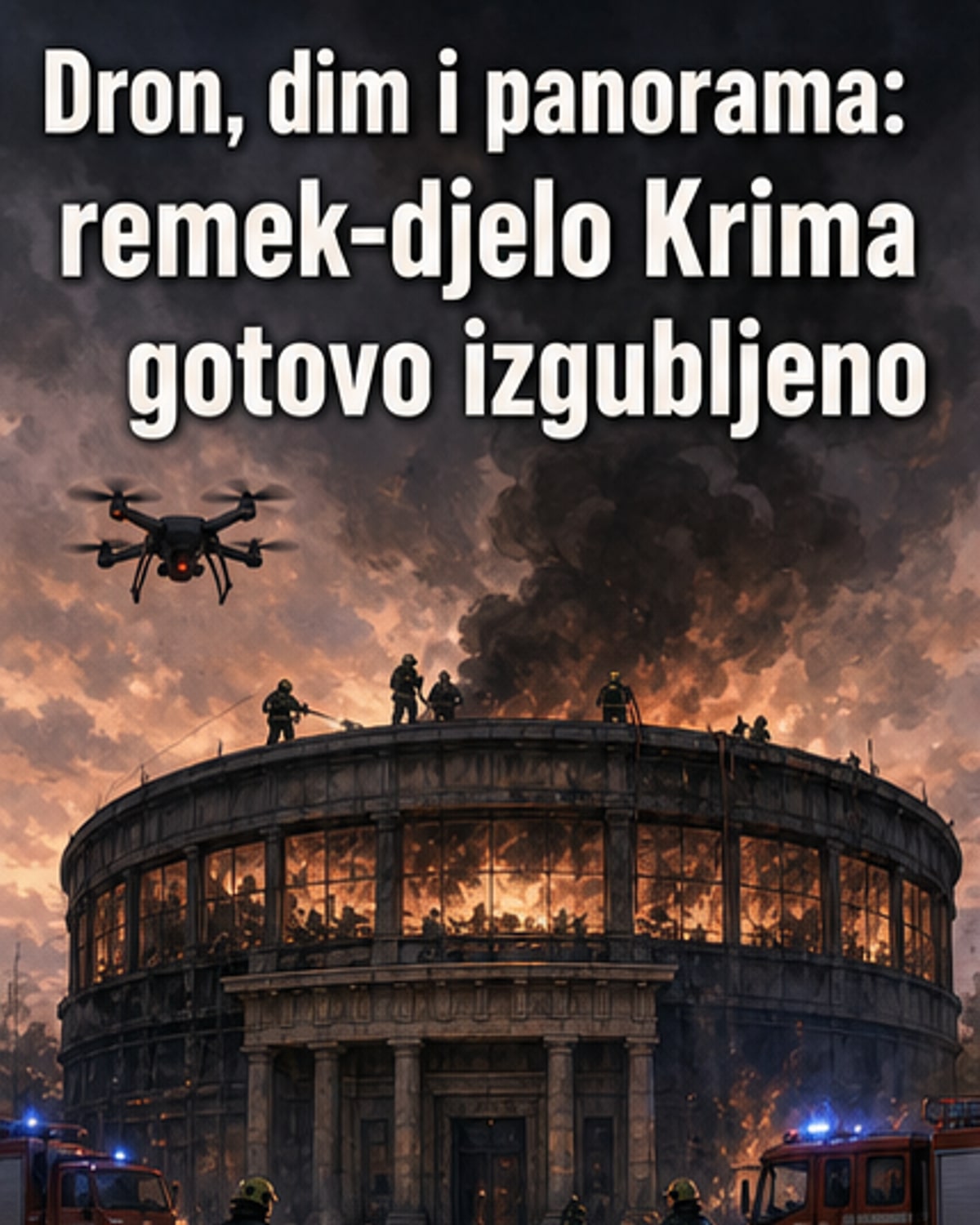 Dimljava zgrada u Sevastopolju posle napada dronom, sa vatrogascima na krovu i oštećenim dijelovima panorame razbacanim ispred ulaza.