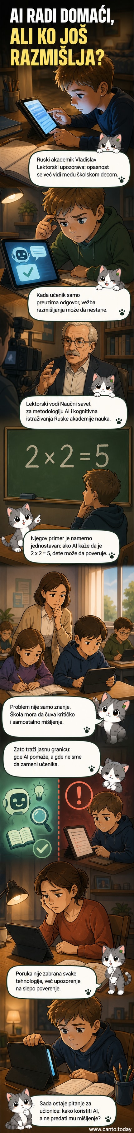 Ilustracija deteta koje gleda u ekran sa AI ikonom, dok mu misli u obliku matematičkih formula i upitnih znakova lete iz glave.