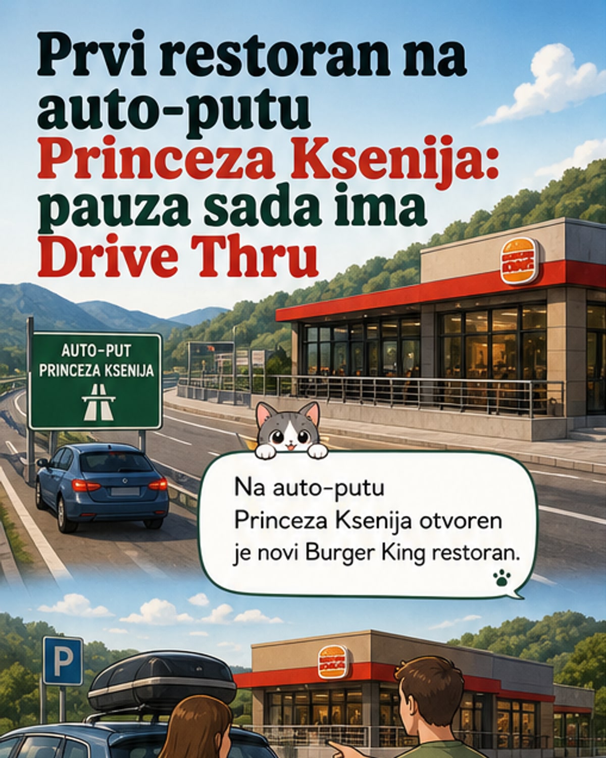 Burger King restoran na odmorištu auto-puta Princeza Ksenija u Crnoj Gori, sa Drive Thru linijom i logoom brenda na fasadi.