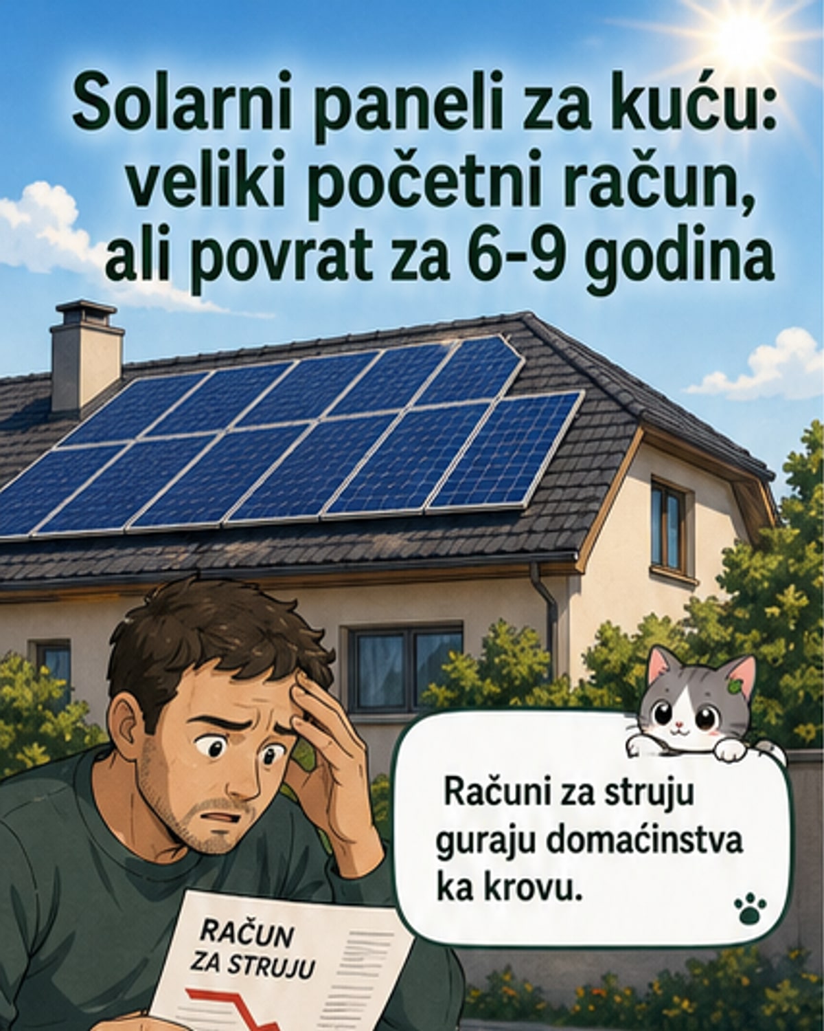 Илустрација породичне куће са соларним панелима на крову, са графиконом уштеде и временског тока повраћаја инвестиције.