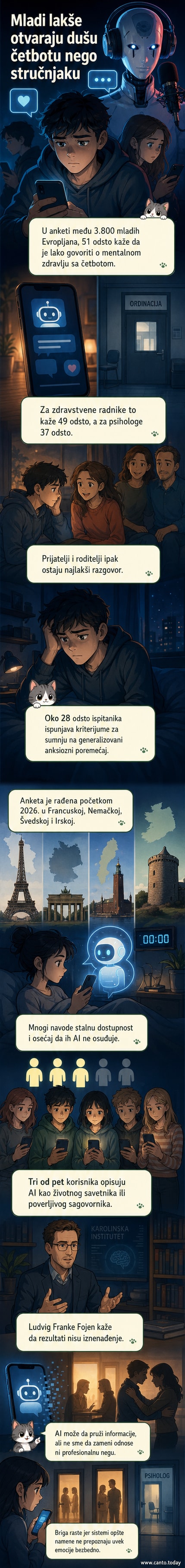 Тинејџер са слушалицама седи у соби, разговара са ИИ асистентом на екрану који испушта меко плаво светло, док је његова породица у другој соби на врата.