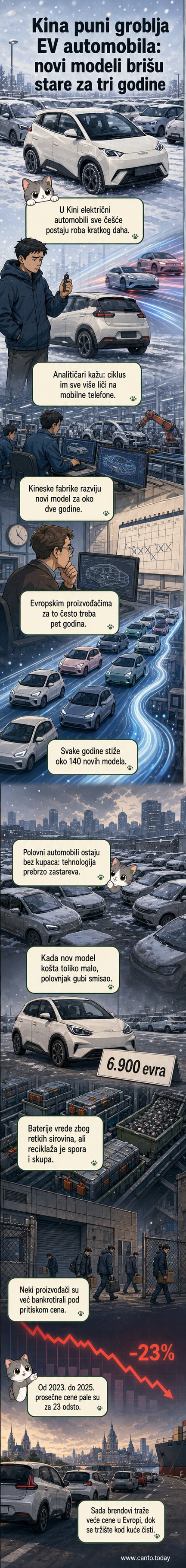 Илустрован приказ аутомобилског гробља у Кини, са редовима напуштених електромобила и батерија у позадини, док се у даљини виде фабрике и нови модели који излазе на тржиште.
