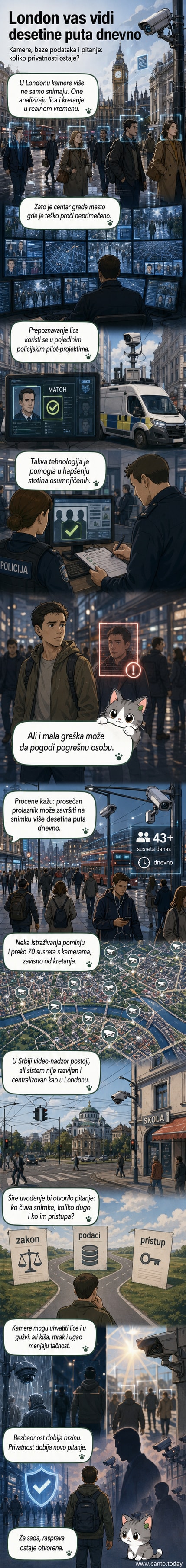 Илустрација урбаног пејзажа Лондона са бројним надзорним камерама које се ослањају на лица пролазника, са сенкама и дигиталним оверлејима који приказују препознавање лица.