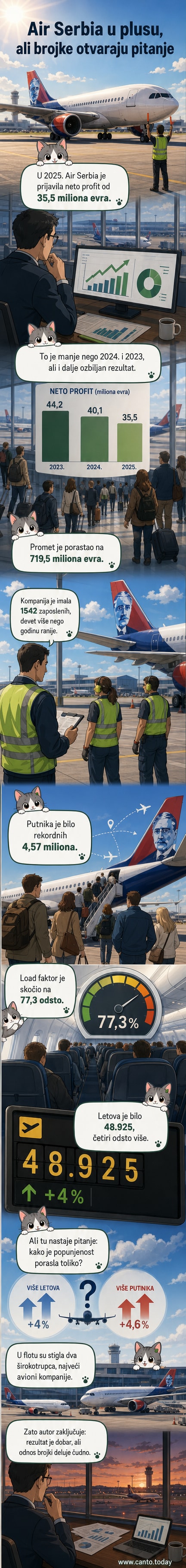 Илустрација авиона Air Serbia на писти са графиконом прихода и броја путника у позадини.
