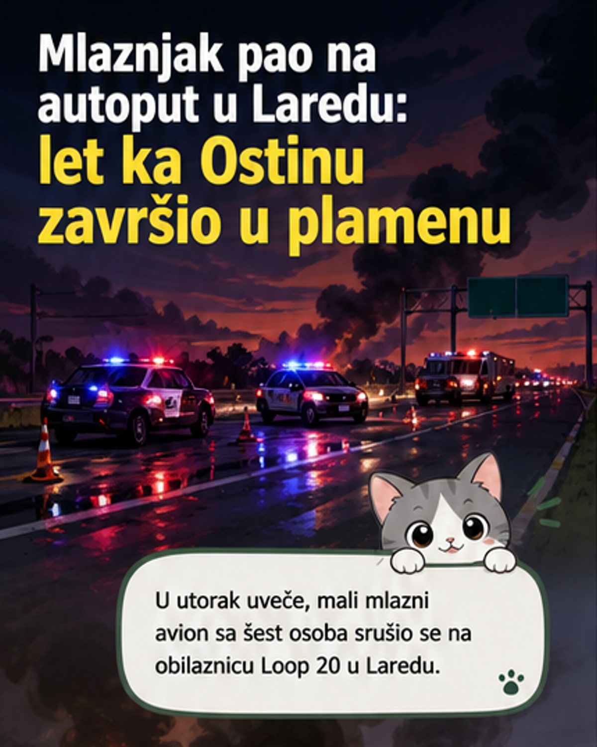 Илустрација пада запаљеног пословног авиона на аутопут у Лареду, Тексас, са хитним службама на месту догађаја.