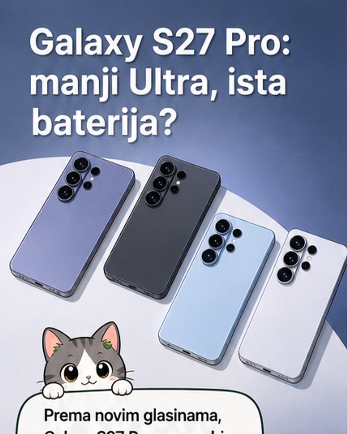 Илустрација Samsung Galaxy S27 Pro са истакнутом батеријом од 5.000 mAh и упоређењем са Ultra моделом.