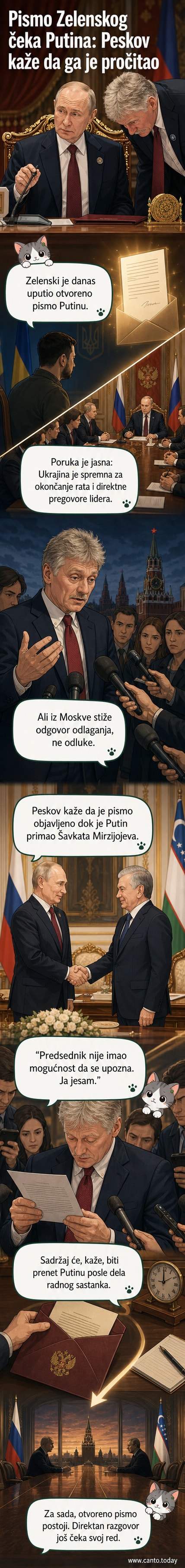 Илустрација која приказује отворено писмо са сачином између Зеленског и Путина, са симболичним баријерама и дипломатским сценом у позадини.