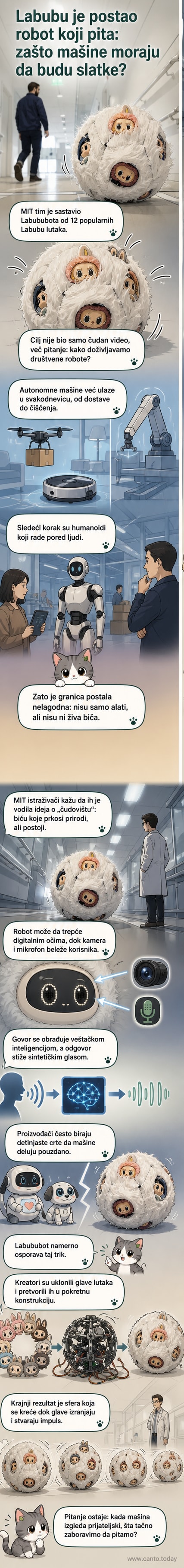 Роботска сферна конструкција од које излазе главе Лабубу лутака, у позадини лабораторијски простор.