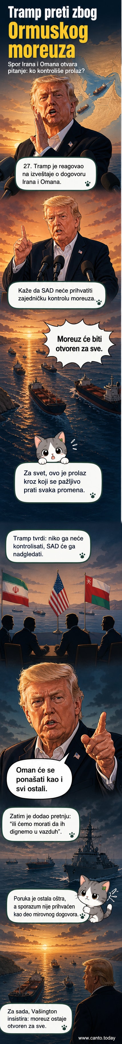 Карикатура Доналда Трампа како стоји поред мапе Ормуског мореуза, са сериозним изразом лица.