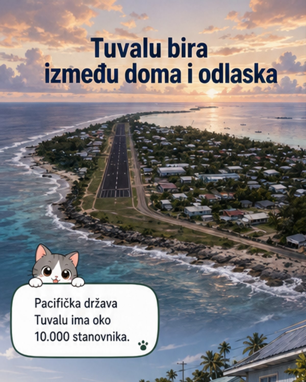 Karta ostrva Tuvalu sa prikazom porasta nivoa mora i ljudi koji se spremaju za selidbu.