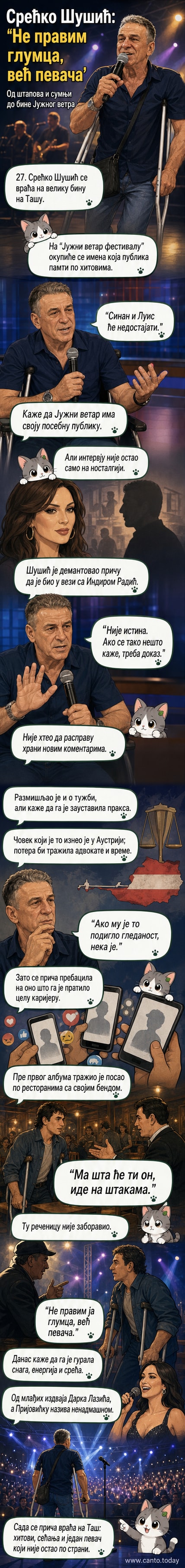 Срећко Шушић на бини, са штакама, у тренутку извођења песме, позадина је концертни терен са публиком.