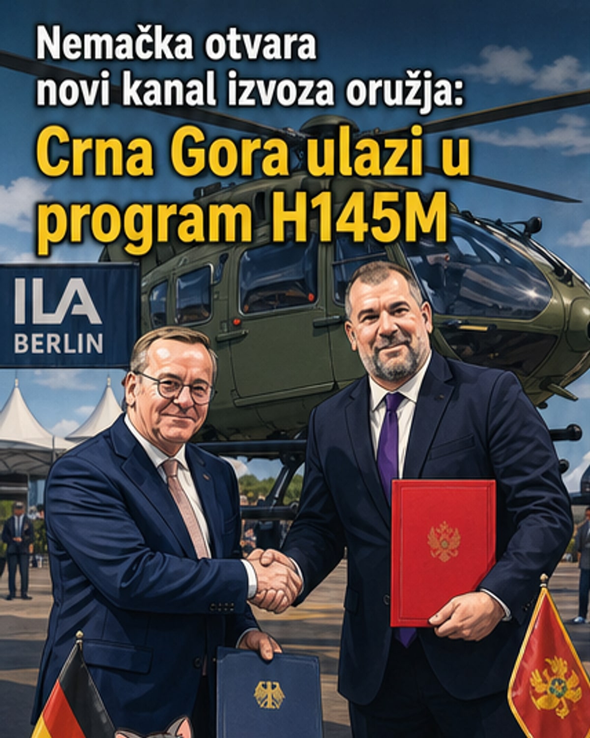 Министри одбране Немачке и Црне Горе потписују споразум на ваздухопловном сајму у Берлину, испред модела хеликоптера H145M.