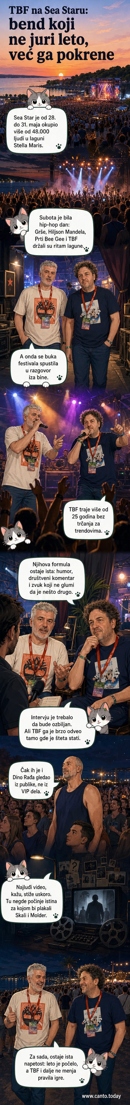 TBF nastup na otvorenom na Sea Star Festivalu, sa publikom ispred bine, more u pozadini i Dino Rađa koji ih gleda iz redova.