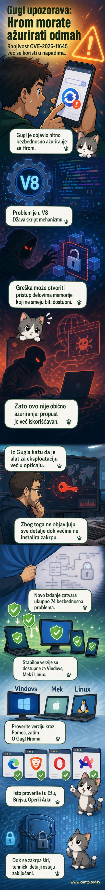 Ilustracija pretraživača Chrome sa upozorenjem o bezbednosnom ažuriranju, uz logotip Gugla i indikaciju hitnosti.
