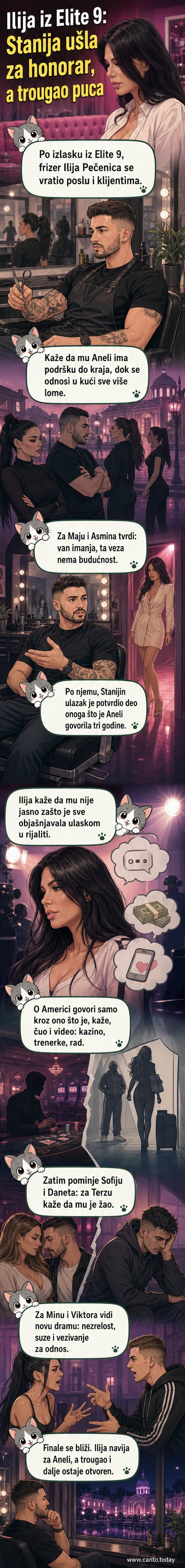 Илустрација фризера Илије Печенце како говори о тајнама Станије Добројевић у ријалитију, са позадином казина и модних тренерки.