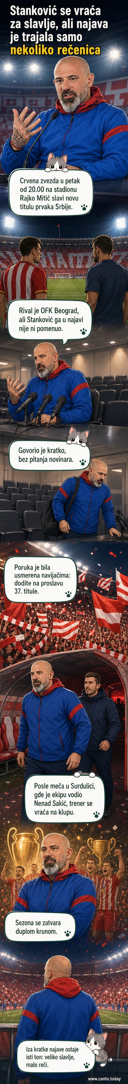 Тренер Дејан Станковић стoji у спортској јакни на тренингу, са емотивним изразом лица, док говори пред камере пре прославе титуле Црвене звезде.