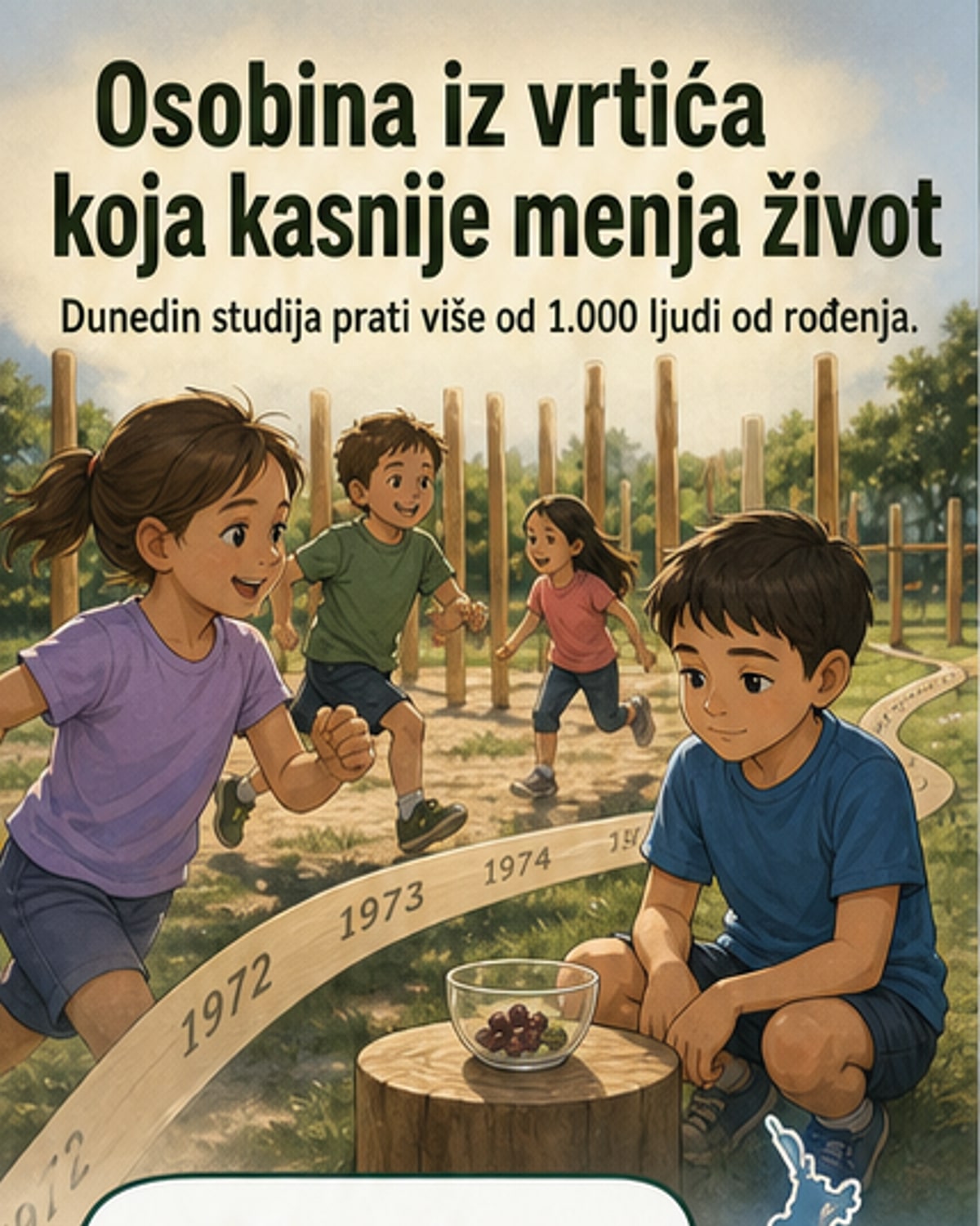 Илустрација детета које чека да добије други слаткиш, симбол самоконтроле, уз графички приказ тока Дунајдин студије кроз деценије.