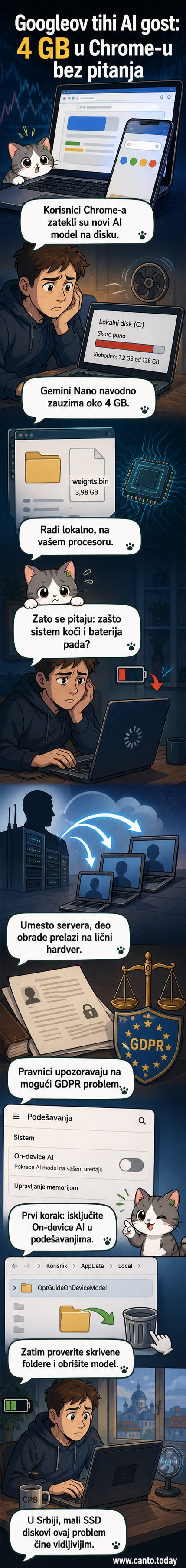 Ilustracija prikazuje Chrome ikonu sa skrivenim AI ikonom unutar računara, dok korisnik gleda u usporeni ekran sa punom memorijom.