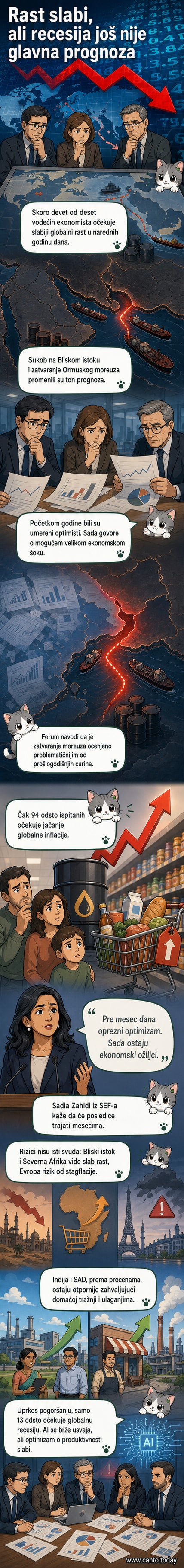 Grafikon svetskog ekonomskog rasta sa strelicom naniže, u pozadini mapa sa označenim Ormuskim moreuzom i Bliskim istokom