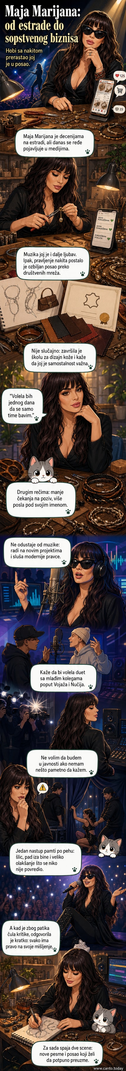 Маја Маријана у студију, како ради на дизајну накита, окруженa украсима и алатима за израду.
