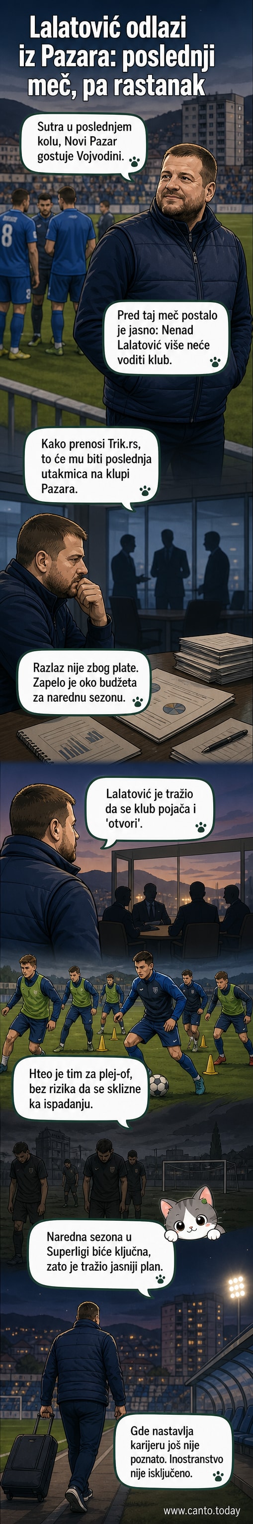 Тренер Ненад Лалатовић у тренутку на терену, са фудбалерима Новог Пазара у позадини, симболизује завршетак једне ере у клубу.