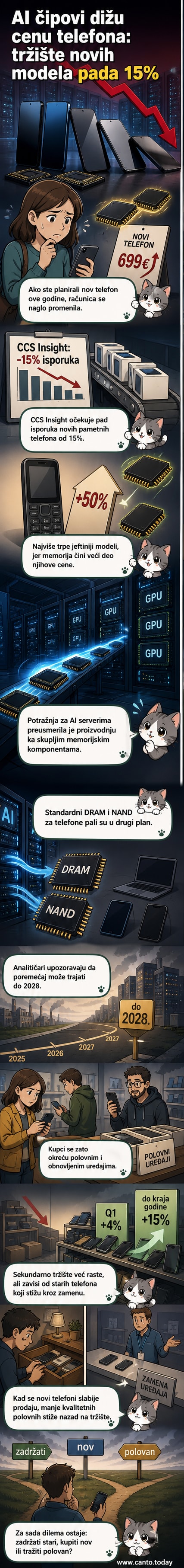 Ilustracija pametnog telefona sa čipom memorije i grafikonom koji pokazuje pad tržišta za 15%