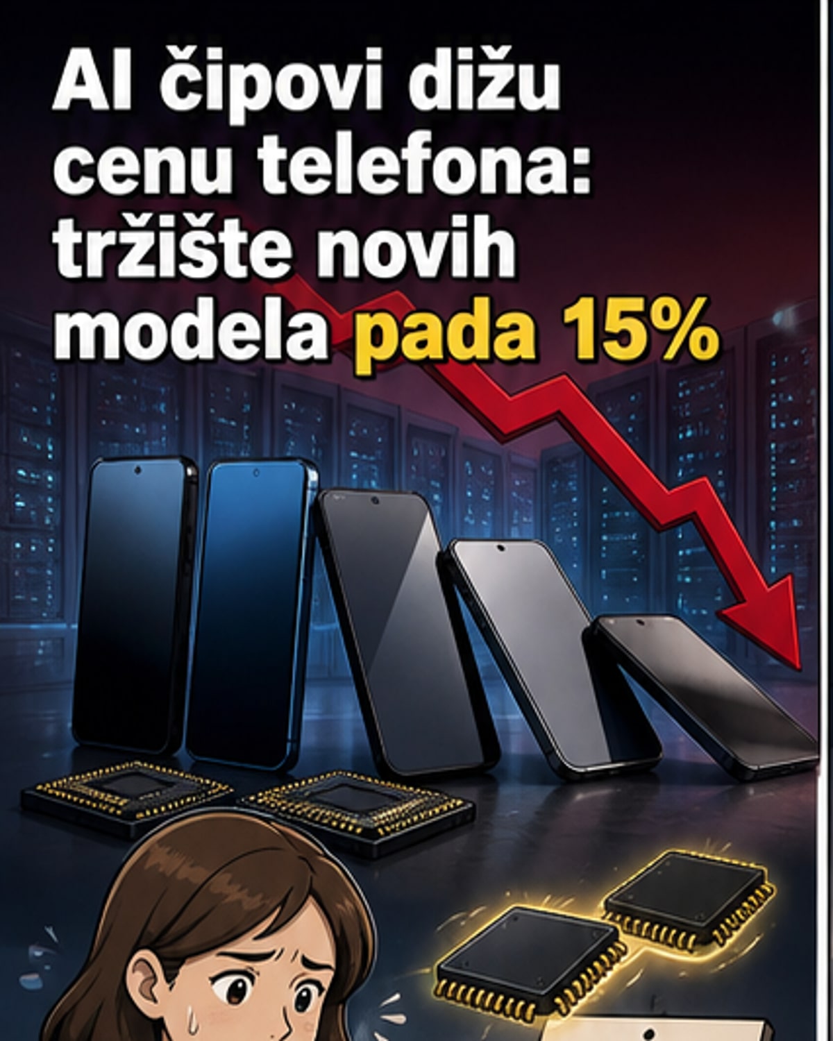 Ilustracija pametnog telefona sa čipom memorije i grafikonom koji pokazuje pad tržišta za 15%