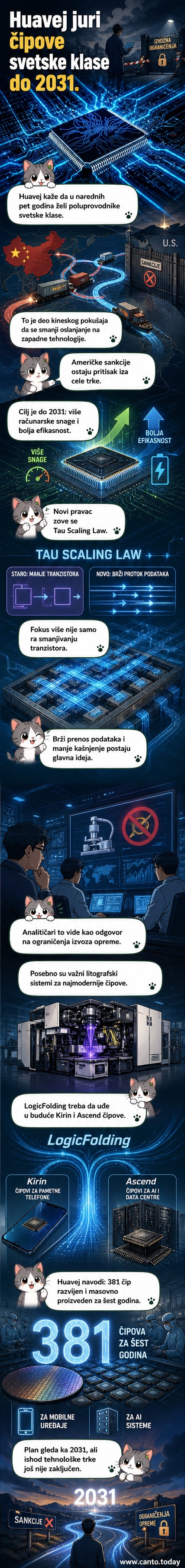 Ilustracija savremenog čipa sa linijama podataka koje brzo teku između blokova, uz kineski logo Huaveja i oznaku 'Tau Scaling Law'.