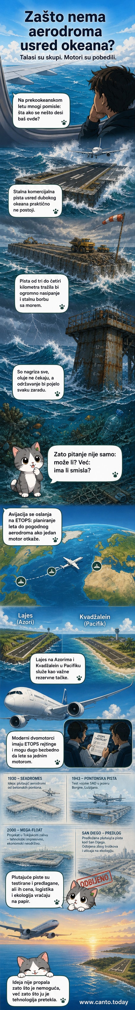 Илустровани приказ модерног авиона који лети изнад океана, док се у даљини виде симболичне плутајуће платформе које тону у таласима.