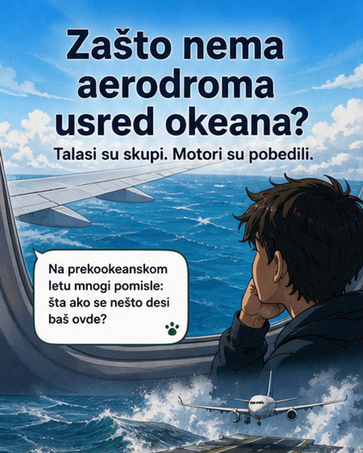 Илустровани приказ модерног авиона који лети изнад океана, док се у даљини виде симболичне плутајуће платформе које тону у таласима.