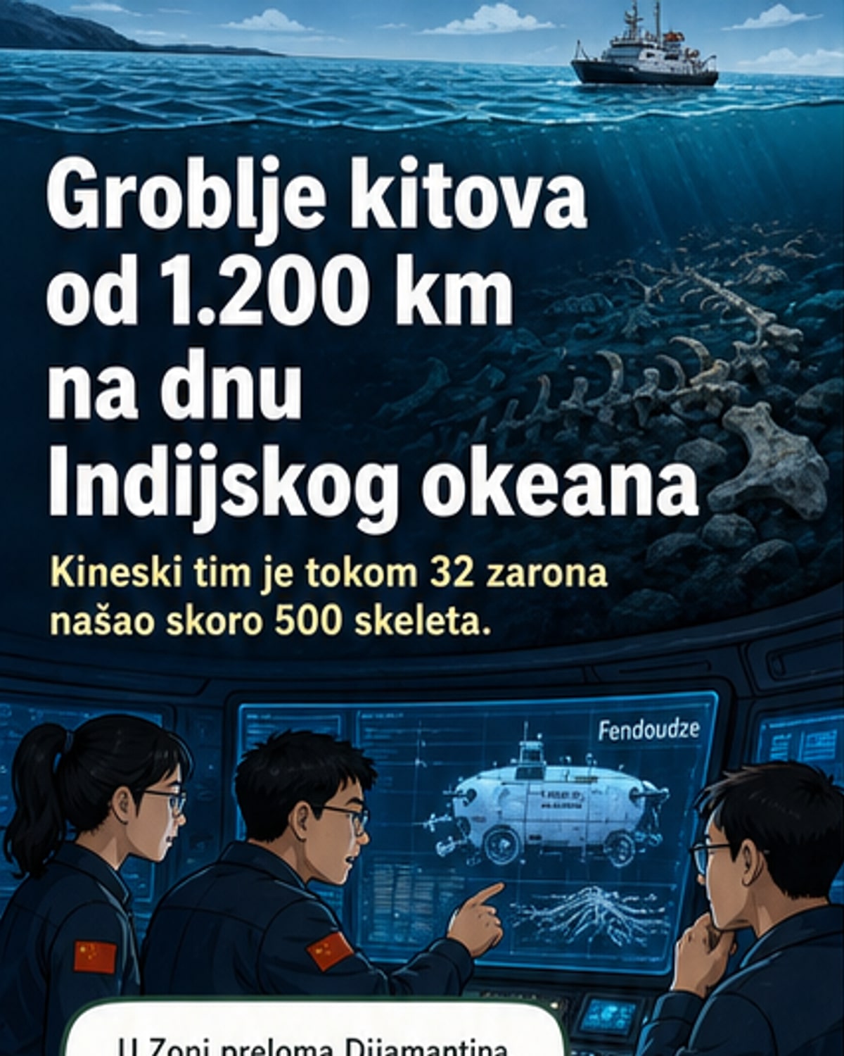 Илустрација дубокоморског пејзажа са остацима китова и малим створењима која живе у њиховим костима.