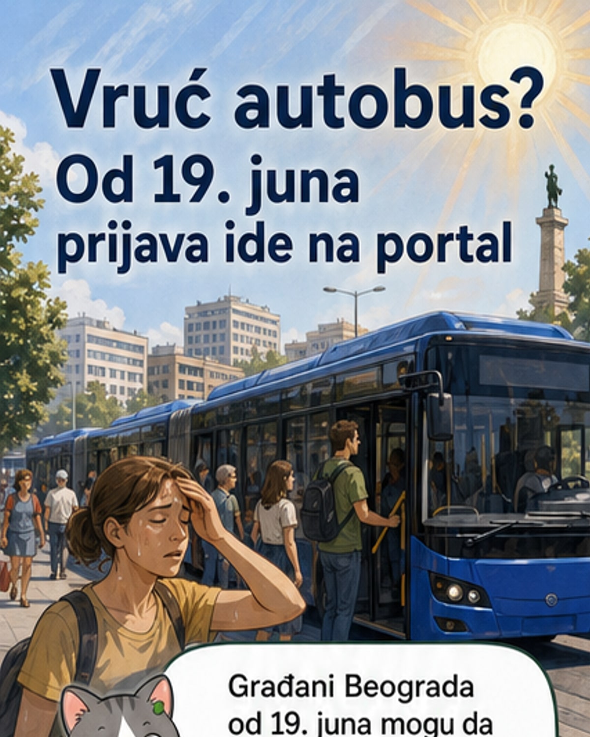 Илустрација: особа у аутобусу са термометром изнад 30 степени, користи мобилни телефон да пријави да клима не ради, док се у позадини види портал Зajедно на путу на екрану.