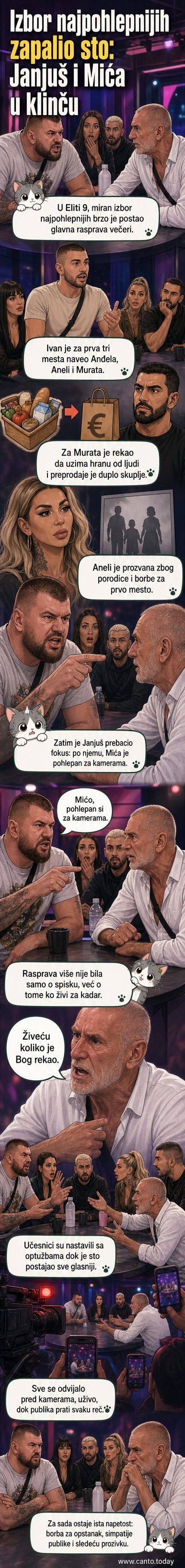 Takmičari Elita 9 za stolom u burnoj raspravi, sa Janjušem i Mićom u središtu sukoba.